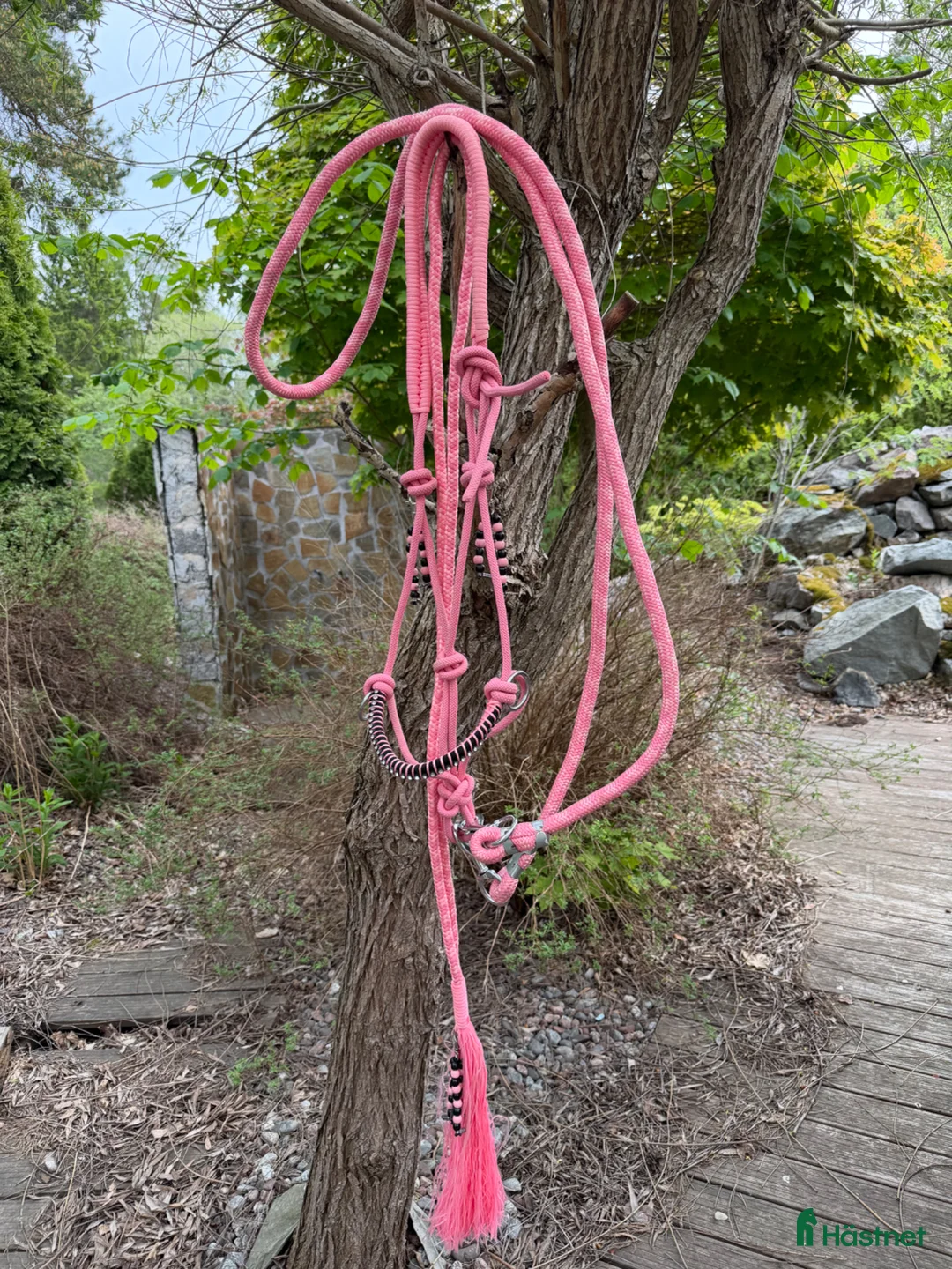 Träns hästutrustning till salu: Rosa repgrimma med tyglar och halsring - Annons 1