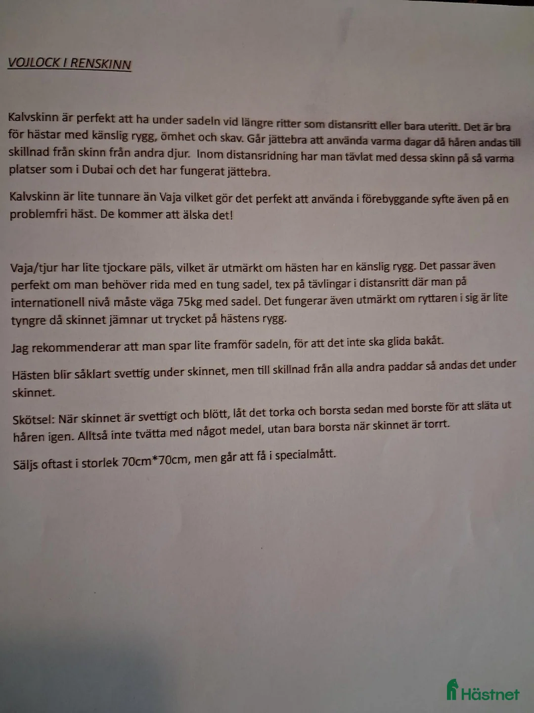 Schabrak & Vojlockar hästutrustning till salu: Renskinnspaddar  - Annons 7