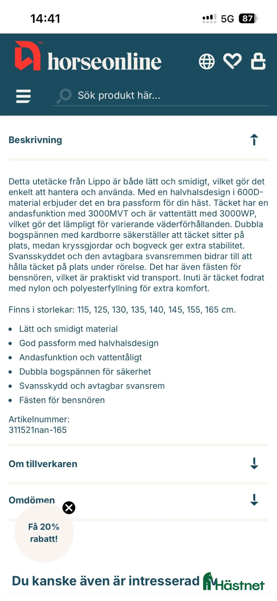 Täcken hästutrustning till salu: Lippo 100g med halvhals - Annons 7