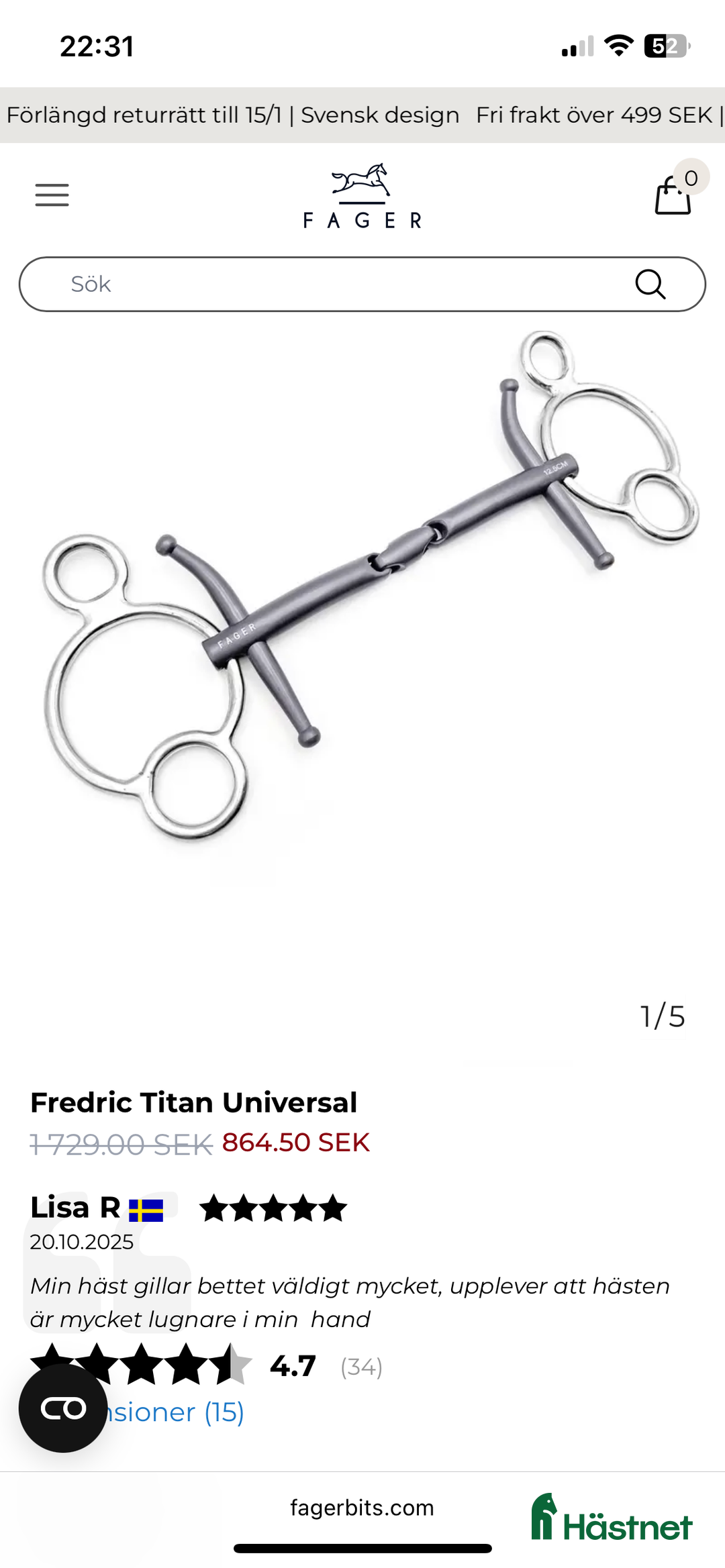 Bett hästutrustning till salu: Fager bett Fredric  i Åmål - Annons 1