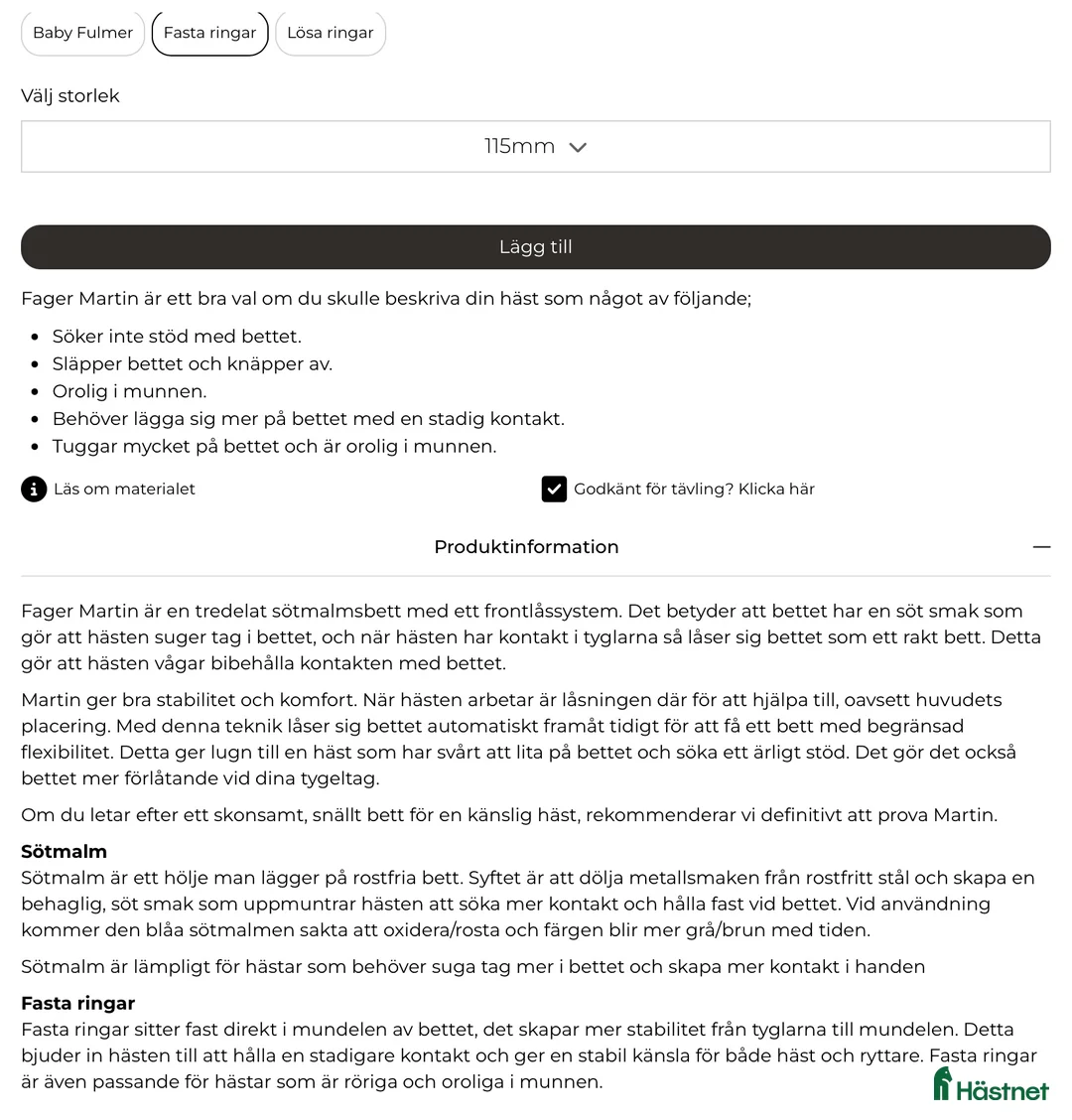 Bett hästutrustning till salu: Fager Martin fasta ringar i Arvika - Annons 2