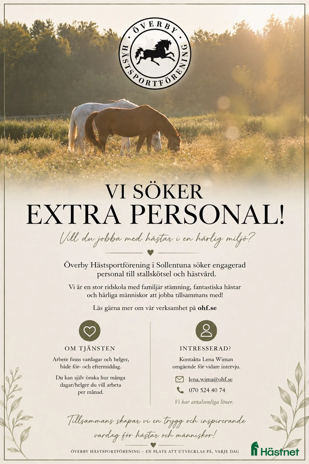  hästjobb finnes: Extra personal till Överby Hästsportförening,m - Annons 1
