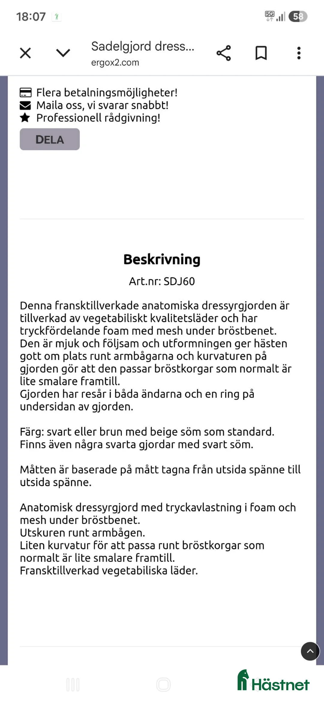 Sadeltillbehör hästutrustning till salu: Ergox2 dressyrgjord 60 cm - Annons 5