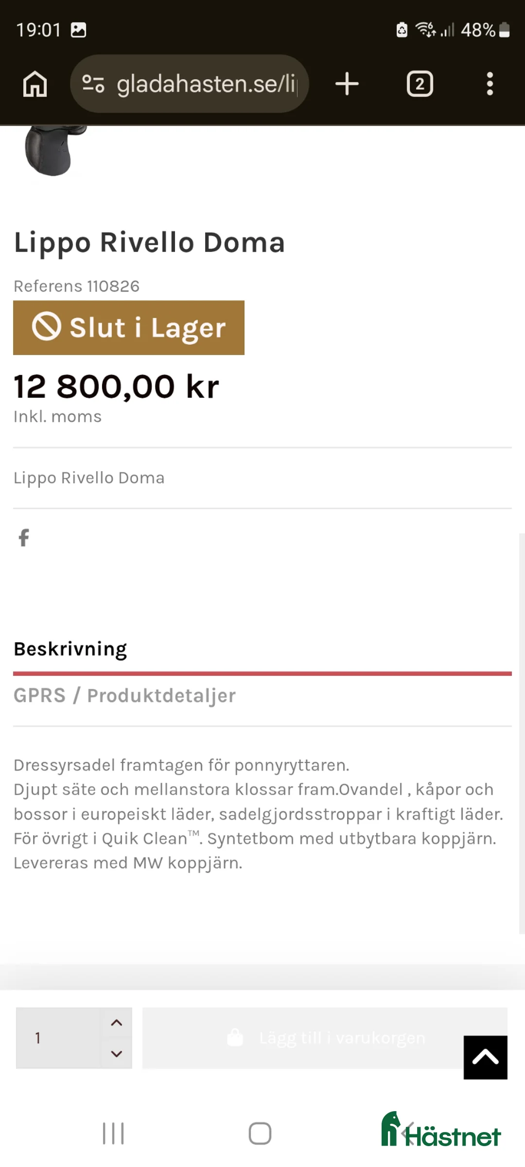 Sadlar hästutrustning till salu: Lippo Rivello Doma 16.5 - Annons 2