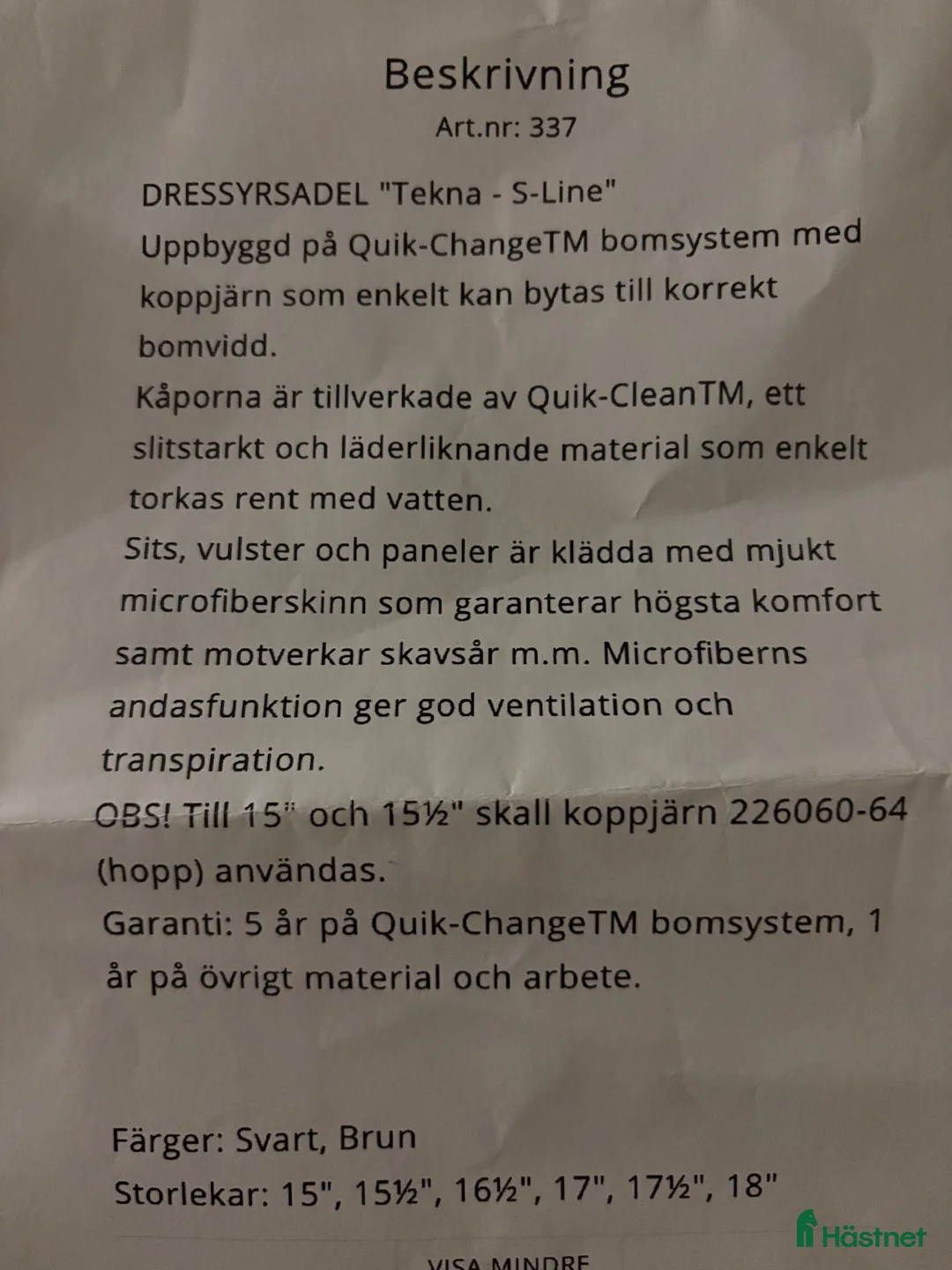 Sadlar hästutrustning till salu: Tekna S-Line 15.5  i Motala - Annons 3