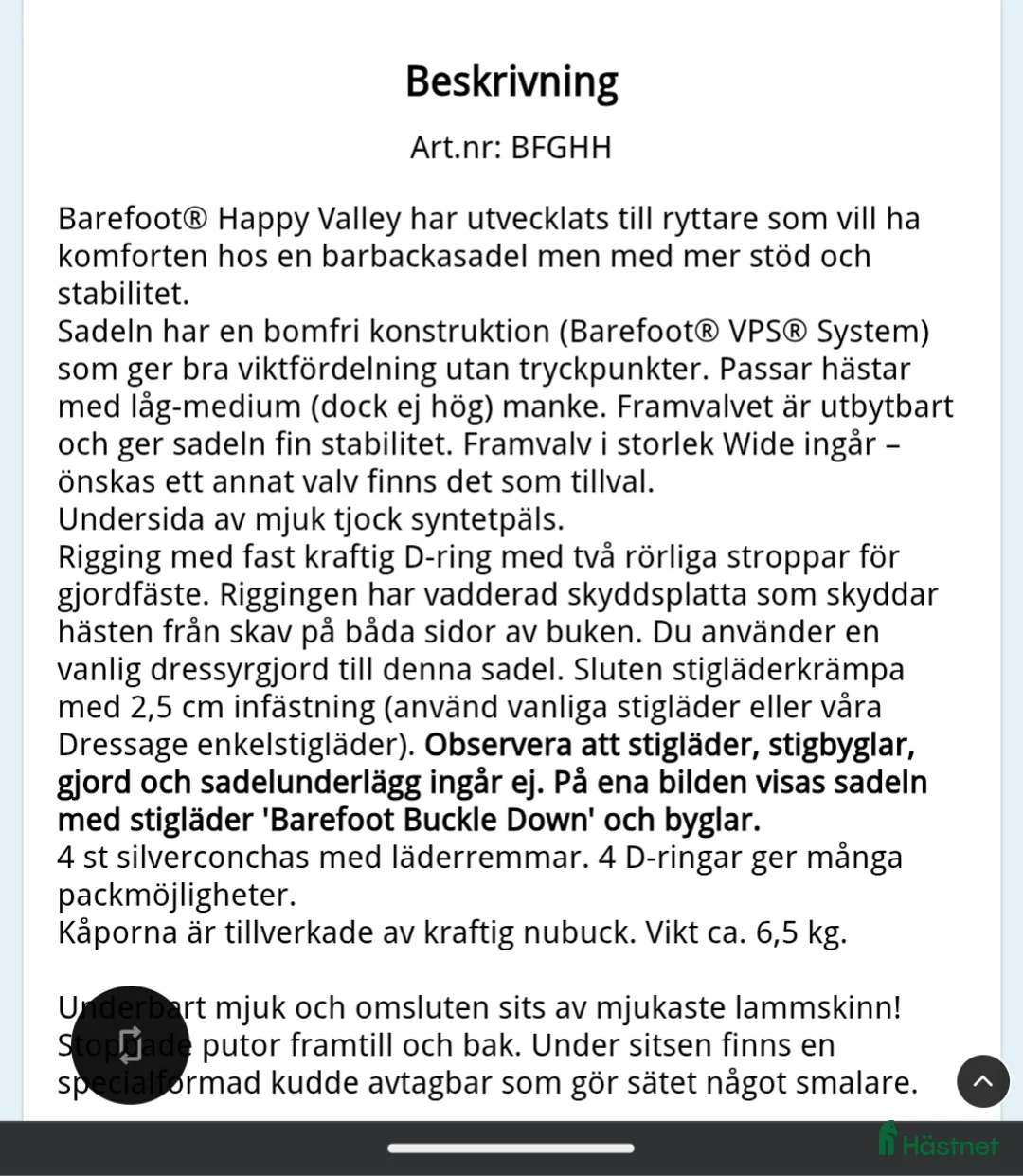 Sadlar hästutrustning till salu: Barefoot happy Valley  - Annons 5