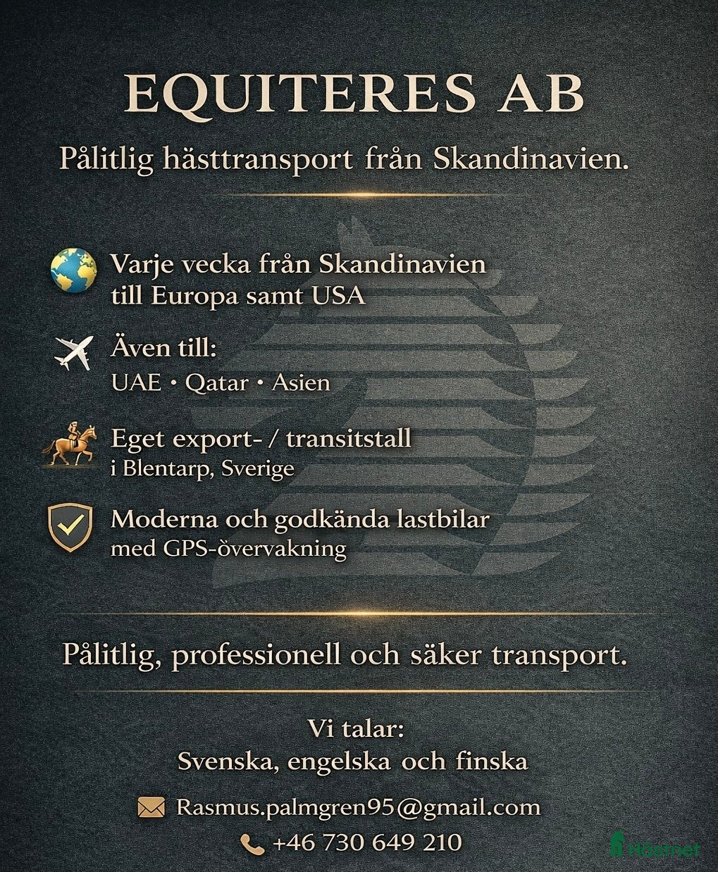  hästservice Hästtransport i Sverige, Finland, Europa och USA i Blentarp - Annons 2