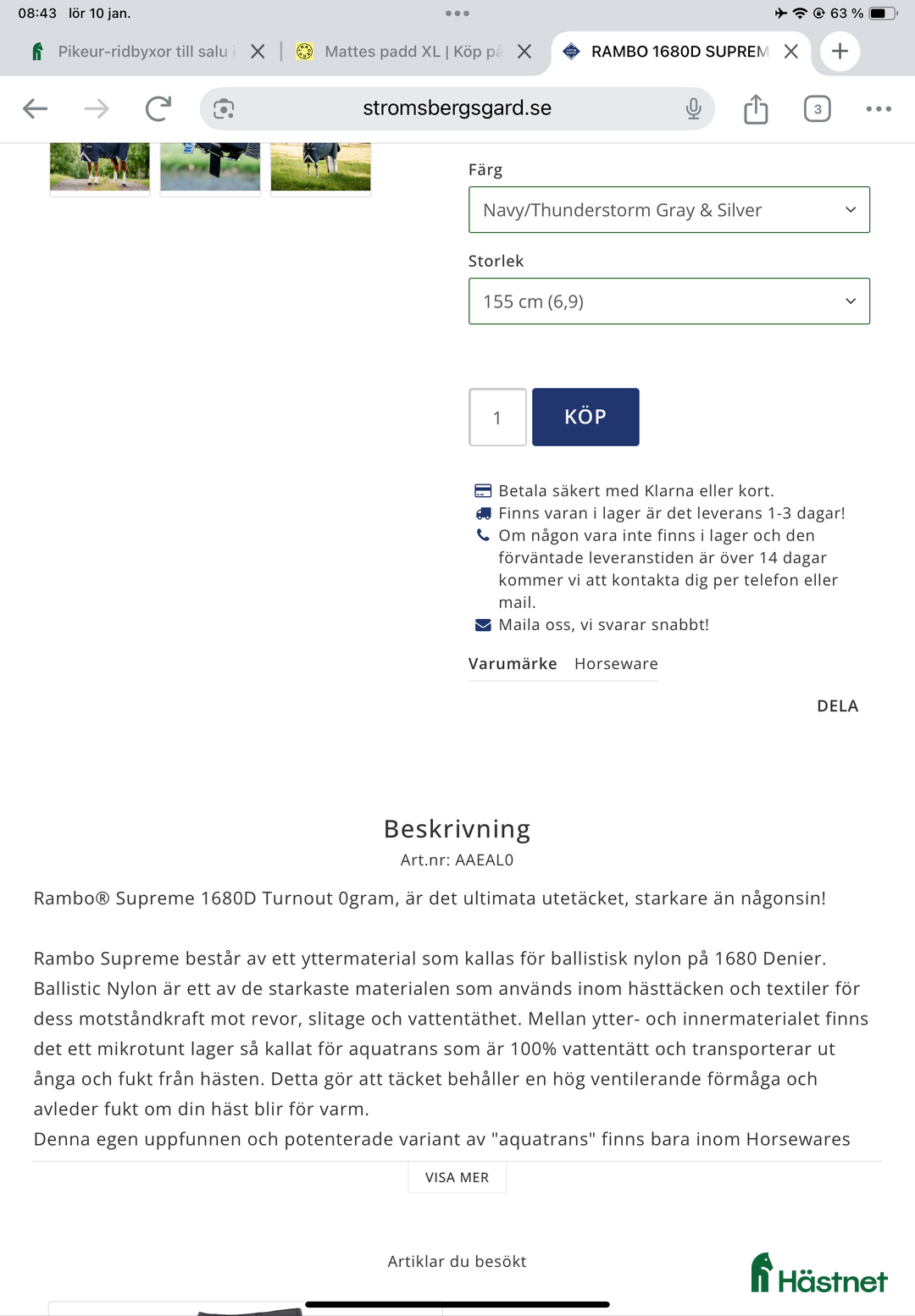 Täcken hästutrustning till salu: HW Rambo SupremeTurnout Plus i nyskick  - Annons 4