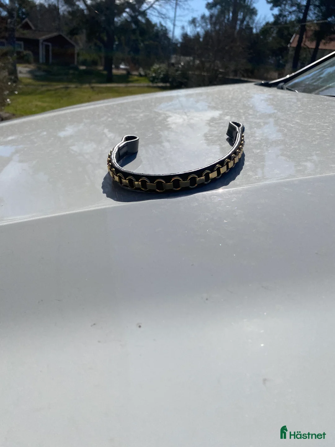 Träns hästutrustning till salu: Brunt Fairfield pannband med gulddetaljer💕 - Annons 2