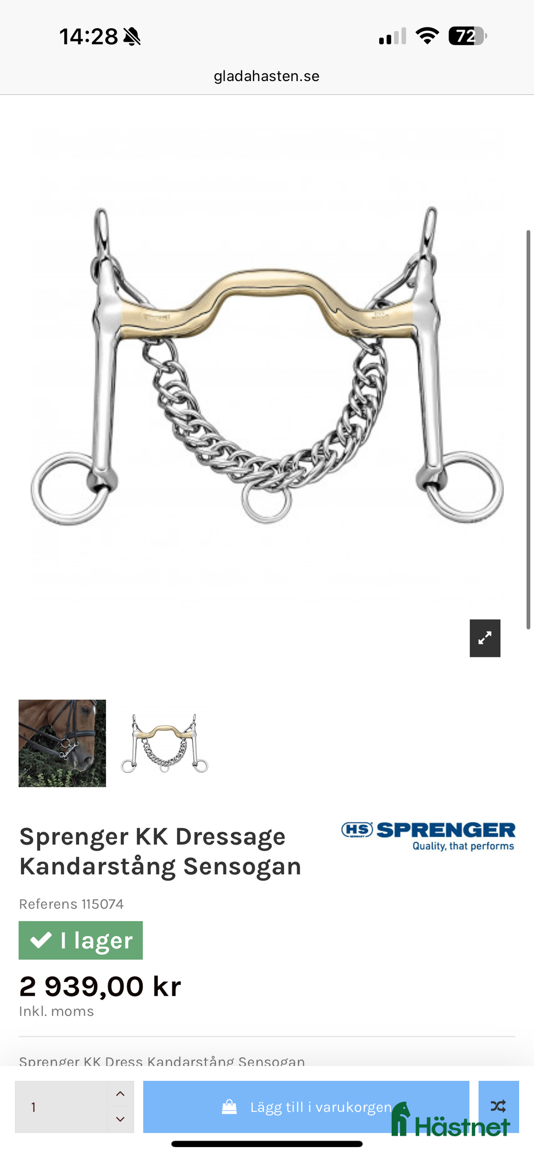 Bett hästutrustning till salu: Kandarstång Sprenger 12cm 7cm skänkel i Motala - Annons 1