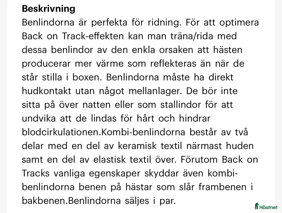 Benskydd hästutrustning till salu: Back on track benlindor  i Borås - Annons 2