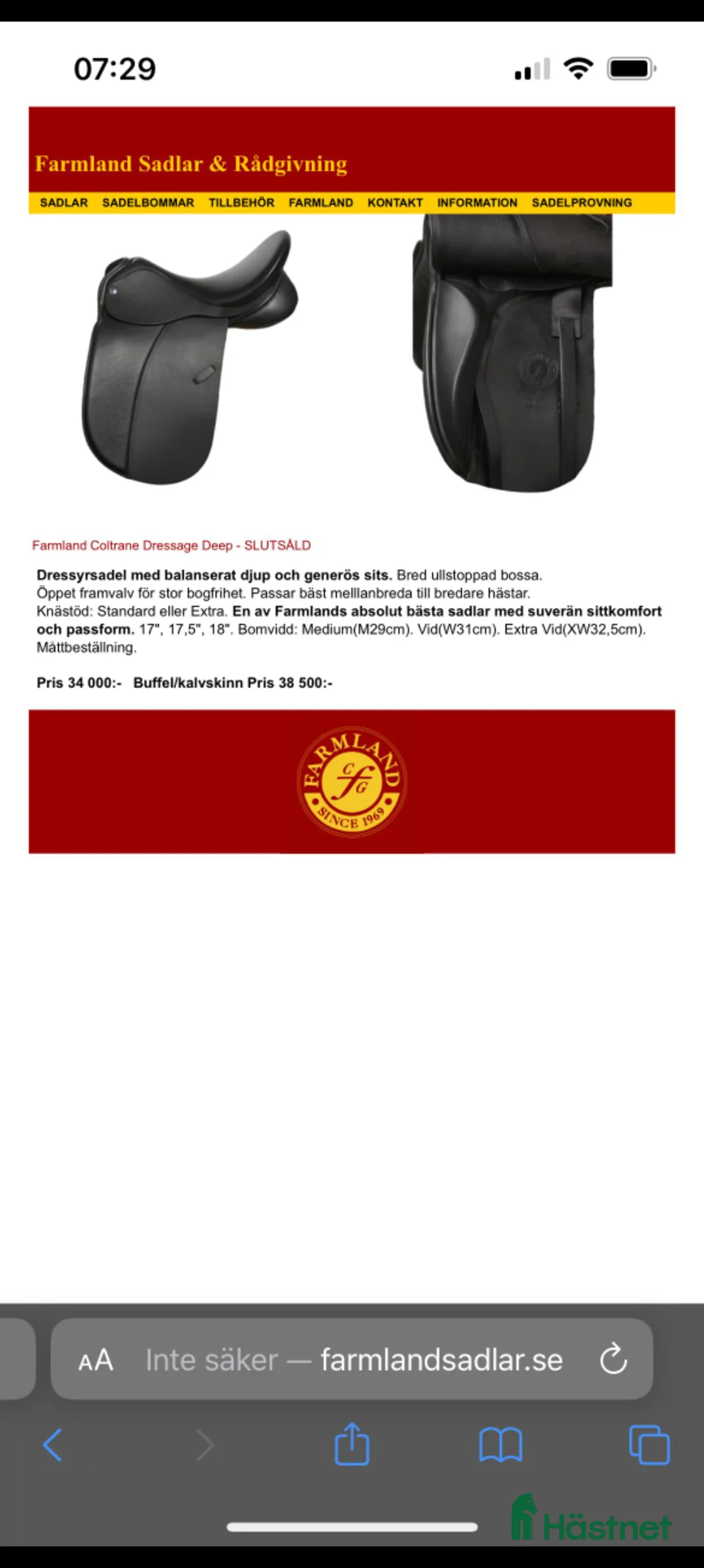 Sadlar hästutrustning till salu: Farmland dressyrsadel  i Tranås - Annons 5