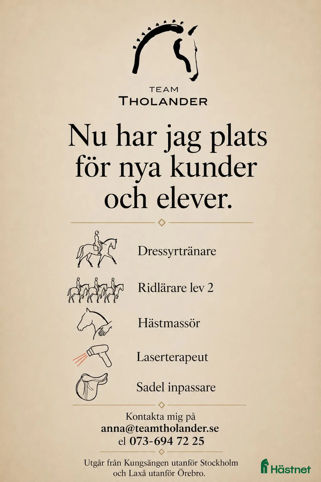  hästservice finnes: Välkomna till Team Tholander som kund - Annons 1