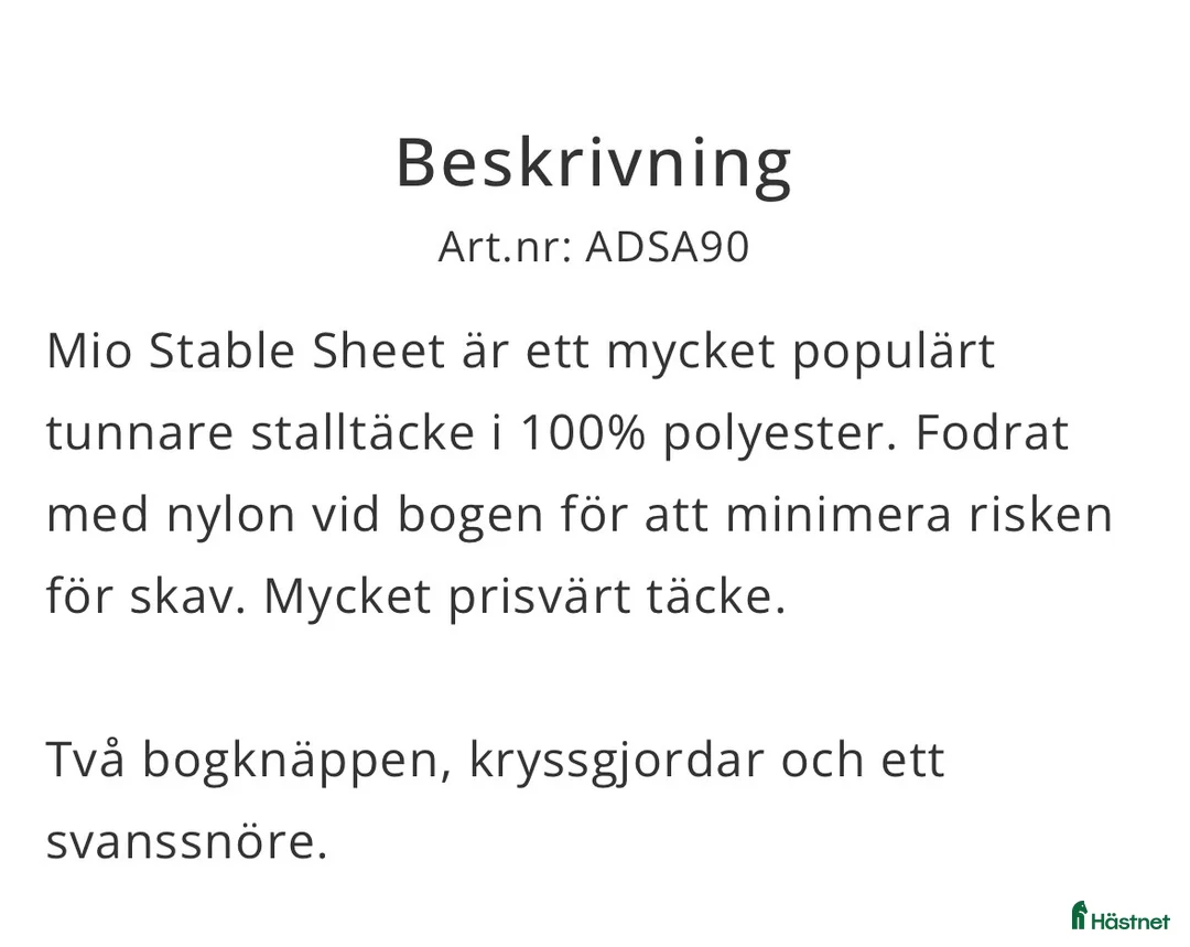 Täcken hästutrustning till salu: Mio Stable Sheet - Annons 2