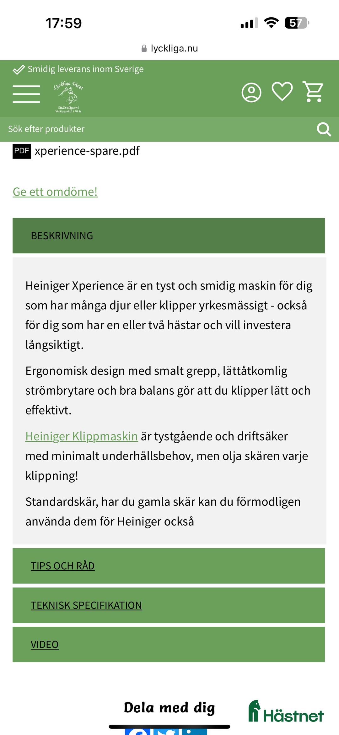 Övrig Hästutrustning hästutrustning till salu: Heiniger Xperience  i Motala - Annons 3