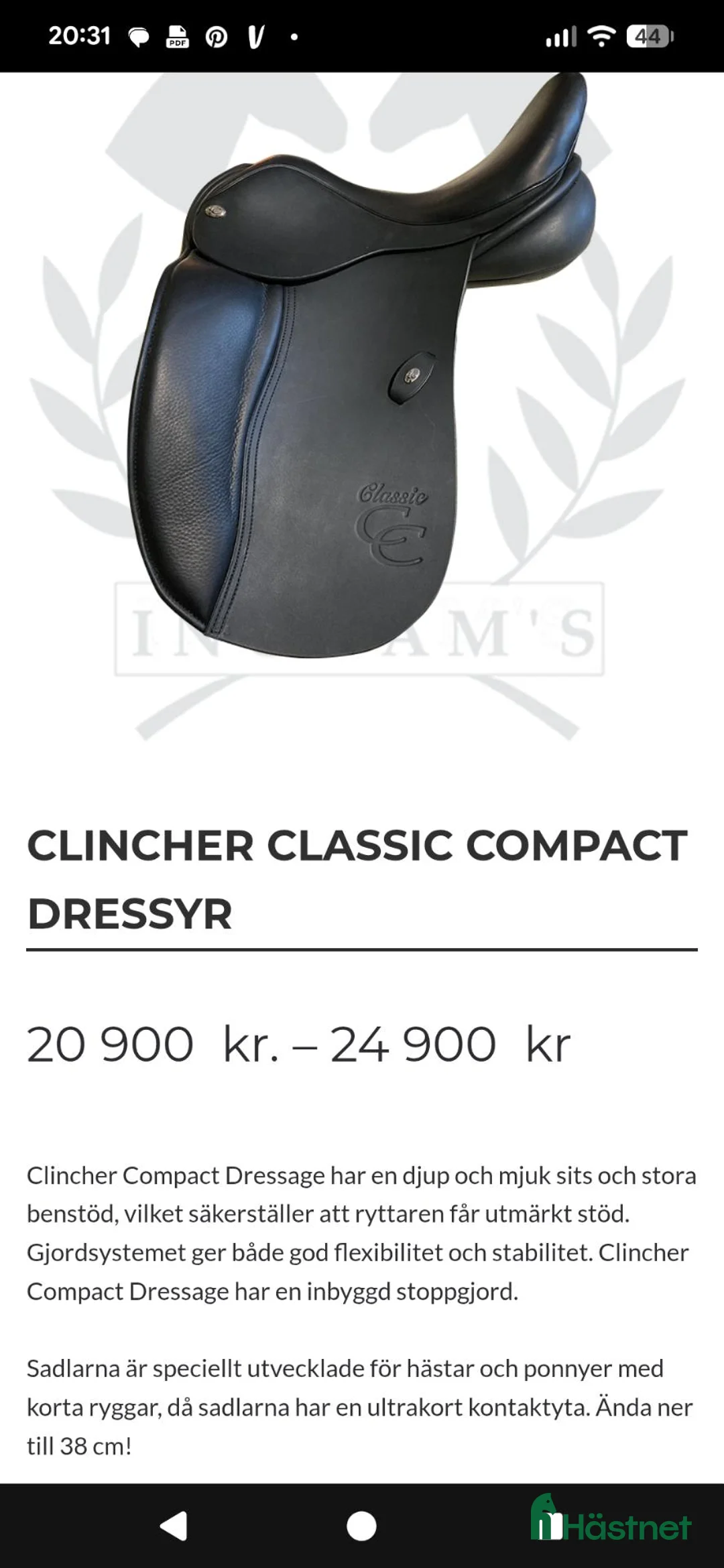 Sadlar hästutrustning till salu: ClinCher Compact Dressage  - Annons 1