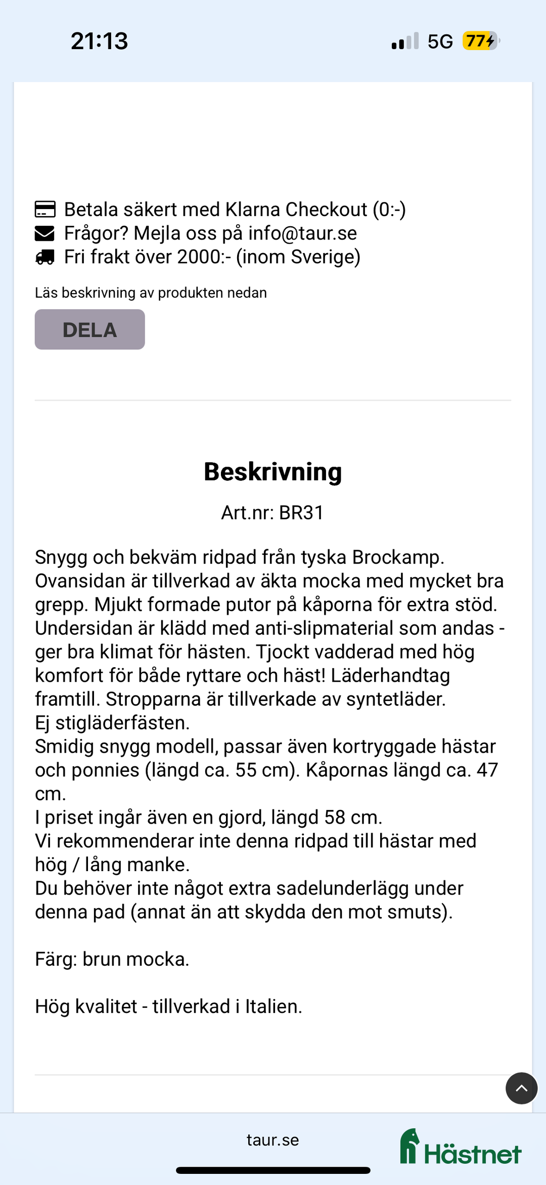 Övrig Hästutrustning hästutrustning till salu: Ridpad/barbackasadel i nyskick i Skutskär - Annons 3